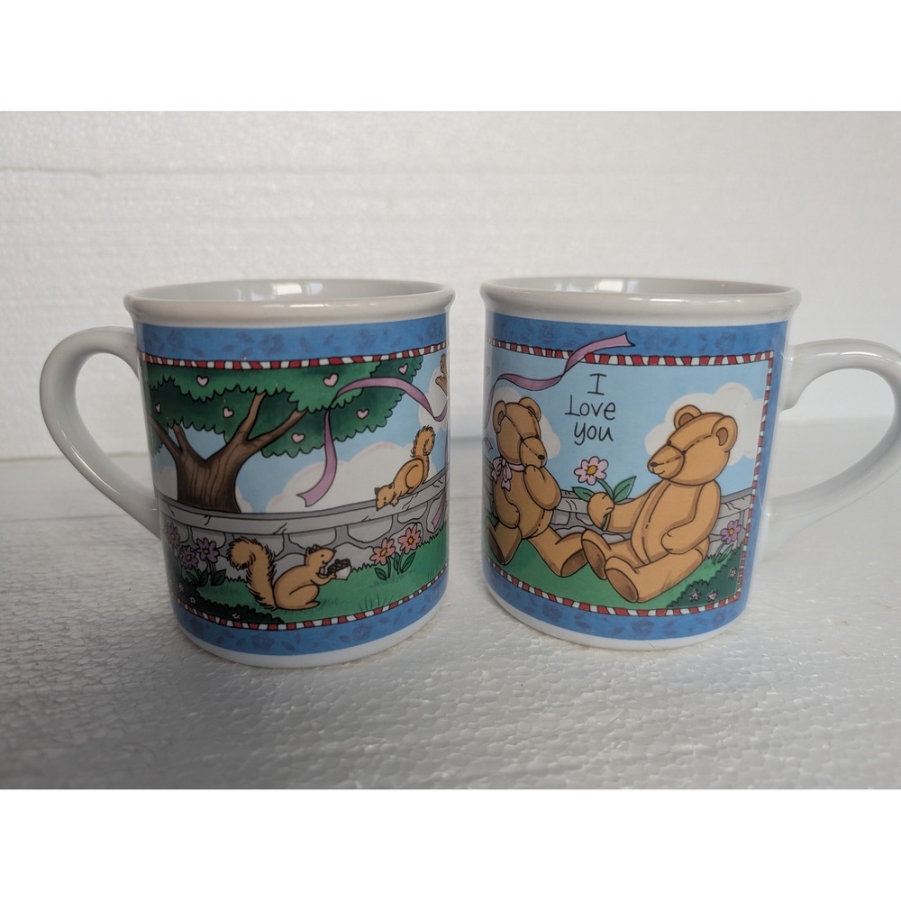 Russ Berrie I‎ Love You Teddy Bear Squirrel Vintage Ceramic Mugs Set of 2 12545